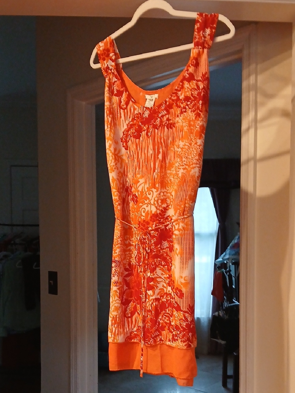 Bright Orange Floral Midi Dress with Waist Tie